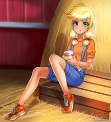 Size: 800x880 | Tagged: safe, artist:racoonsan, applejack, human, g4, where the apple lies, apple, cute, female, food, humanized, jackabetes, jam, looking at you, solo, teenage applejack, teenager, younger, zap apple, zap apple jam