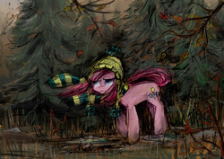 Size: 3507x2480 | Tagged: dead source, safe, artist:sweeterwho, pinkie pie, earth pony, pony, g4, autumn, clothes, female, forest, high res, pinkamena diane pie, rain, scarf, solo