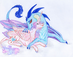 Size: 4397x3421 | Tagged: safe, artist:dawn22eagle, princess ember, princess flurry heart, alicorn, dragon, pony, g4, chest fluff, couple, crack shipping, duo, emberheart, eyes closed, female, lesbian, older, older flurry heart, shipping, tail, tail feathers, unshorn fetlocks