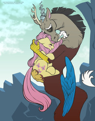Size: 540x686 | Tagged: safe, artist:thecuriousfool, discord, fluttershy, draconequus, pegasus, pony, g4, to where and back again, blushing, cute, discute, eyes closed, female, hug, male, mare, scene interpretation, ship:discoshy, shipping, shyabetes, signature, smiling, snuggling, straight