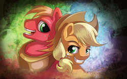 Size: 4000x2500 | Tagged: safe, artist:skodadav, applejack, big macintosh, earth pony, pony, g4, abstract background, brother and sister, female, grin, male, smiling, stallion