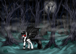 Size: 2788x1980 | Tagged: safe, artist:shapeshiftershadow, oc, oc only, oc:raw black, bat pony, pony, graveyard, moon, red eyes, solo