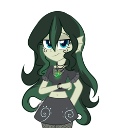 Size: 1024x1152 | Tagged: dead source, safe, artist:wubcakeva, oc, oc only, oc:kaloria jade, kelpie, equestria girls, g4, belly button, clothes, fishnet stockings, jewelry, midriff, miniskirt, necklace, pantyhose, short shirt, skirt, solo