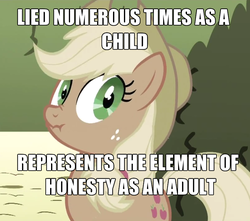 Size: 803x711 | Tagged: safe, applejack, g4, where the apple lies, female, image macro, liarjack, meme, op is a duck, solo