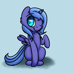 Size: 3000x3000 | Tagged: safe, artist:yolozart, princess luna, g4, cute, female, filly, high res, lunabetes, one eye closed, raised hoof, sitting, smiling, solo, wink, woona, younger