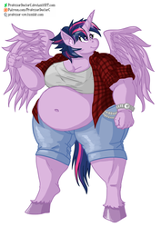 Size: 800x1131 | Tagged: safe, artist:professordoctorc, twilight sparkle, alicorn, anthro, unguligrade anthro, g4, alternate hairstyle, clothes, fat, female, jeans, obese, pants, punklight sparkle, shirt, solo, twilard sparkle, twilight sparkle (alicorn), watch, wristwatch
