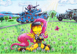 Size: 1024x715 | Tagged: safe, artist:olgfox, fluttershy, pinkie pie, butterfly, g4, angry, armored car, crepuscular rays, eyes closed, flower, goggles, grin, half track, hippie, hippieshy, meadow, military uniform, sitting, smiling, spread wings, tank (vehicle), traditional art
