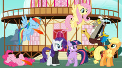 Size: 1920x1080 | Tagged: safe, applejack, discord, fluttershy, pinkie pie, rainbow dash, rarity, twilight sparkle, draconequus, earth pony, pegasus, pony, unicorn, g4, a taste of their own medicine, clothes, female, laughing, male, mane six, mare, payback, ponyville, ponyville town hall, prank, sweater, sweet revenge, tickling, town hall, turtleneck, unicorn twilight
