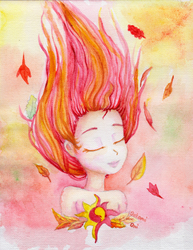 Size: 2700x3500 | Tagged: safe, artist:0okami-0ni, sunset shimmer, equestria girls, g4, autumn, eyes closed, female, high res, leaves, smiling, solo, traditional art, windswept mane