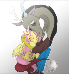 Size: 675x724 | Tagged: safe, artist:gamblingfoxinahat, discord, fluttershy, draconequus, pegasus, pony, g4, to where and back again, blushing, cute, eyes closed, female, gradient background, gray background, hug, male, mare, scene interpretation, ship:discoshy, shipping, shyabetes, simple background, straight, wings
