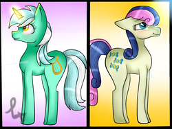 Size: 1560x1170 | Tagged: safe, artist:bladedeehunter, bon bon, lyra heartstrings, sweetie drops, earth pony, pony, g4, duo