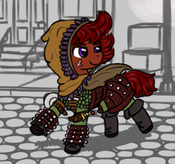 Size: 1280x1200 | Tagged: safe, artist:ficficponyfic, edit, oc, oc only, oc:ruby rouge, earth pony, pony, colt quest, adult, armor, belt, boots, female, hood, mare, scar, smirk, sneer, solo