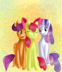 Size: 3000x3500 | Tagged: safe, artist:xskytheartist, apple bloom, scootaloo, sweetie belle, pony, g4, cutie mark crusaders, eyes closed, high res, one eye closed, smiling, trio, wink