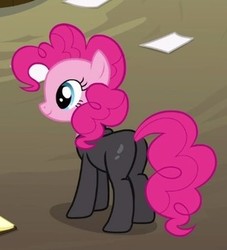 Size: 309x340 | Tagged: safe, screencap, pinkie pie, earth pony, pony, g4, it's about time, balloonbutt, butt, catsuit, cropped, female, mare, plot, sneaking suit, solo