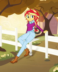 Size: 4000x5000 | Tagged: safe, artist:darthlena, sunset shimmer, equestria girls, g4, absurd resolution, autumn, boots, clothes, cute, female, fence, happy, jeans, legs, pants, scarf, scenery, solo
