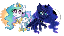 Size: 1920x1080 | Tagged: safe, artist:sparrowflightart, princess celestia, princess luna, g4, blushing, chibi, cutie mark background, royal sisters