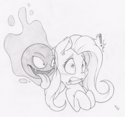 Size: 1000x938 | Tagged: safe, artist:dfectivedvice, fluttershy, gastly, g4, crossover, duo, grayscale, hooves to the chest, monochrome, pokémon, scared, simple background, traditional art, white background