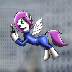 Size: 2000x2000 | Tagged: safe, artist:treble sketch, oc, oc only, oc:lavender sunrise, pegasus, pony, fallout equestria, camera, city, cityscape, clothes, commission, female, flying, high res, jumpsuit, mare, smiling, solo, vault suit