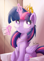 Size: 1760x2400 | Tagged: safe, artist:bugplayer, twilight sparkle, alicorn, pony, g4, both cutie marks, bugplayer is trying to murder us, chest fluff, crepuscular rays, crown, cup, cute, drink, female, jewelry, magic, mare, mug, necklace, regalia, signature, sitting, smiling, solo, twiabetes, twilight sparkle (alicorn)