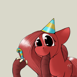 Size: 839x837 | Tagged: safe, artist:sinrar, oc, oc only, oc:bloodworm, adoracreepy, creepy, cute, female, gray background, hat, looking at you, party hat, simple background, smiling, solo, tentacle tongue, tentacles