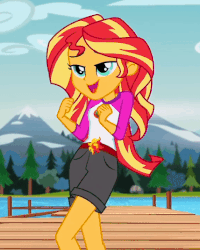 Size: 428x535 | Tagged: safe, screencap, sunset shimmer, equestria girls, g4, my little pony equestria girls: legend of everfree, animated, camp everfree outfits, clothes, cropped, cute, dancing, embrace the magic, female, gif, lake, mountain, mountain range, out of context, outdoors, pier, reversed, scenery, sexy, shimmerbetes, shimmy, shorts, singing, solo, sunset shimmy