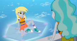 Size: 1363x724 | Tagged: safe, screencap, derpy hooves, paisley, equestria girls, g4, my little pony equestria girls: legend of everfree, background human, clothes, converse, derp, embrace the magic, implied rarity, lake, lifejacket, magic, shoes, sneakers, socks, solid light construct