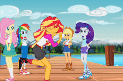 Size: 816x538 | Tagged: safe, edit, edited screencap, screencap, applejack, fluttershy, pinkie pie, rainbow dash, rarity, sunset shimmer, equestria girls, g4, my little pony equestria girls: legend of everfree, animated, balloon, boots, bracelet, clothes, converse, cowboy boots, female, gif, jewelry, reversed, shoes, shorts, sneakers, socks, spinning, sun