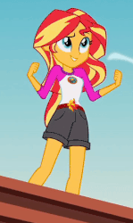 Size: 269x451 | Tagged: safe, screencap, sunset shimmer, equestria girls, g4, my little pony equestria girls: legend of everfree, animated, camp everfree outfits, clothes, cropped, embrace the magic, female, gif, legs, pier, sexy, shorts, singing, solo