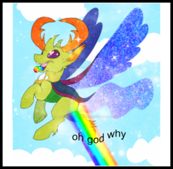 Size: 800x783 | Tagged: safe, artist:xxcaliforniaangelxx, thorax, changedling, changeling, g4, to where and back again, king thorax, male, rainbow, solo, text, tongue out, watermark, why