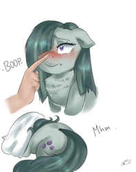 Size: 3400x4300 | Tagged: safe, artist:mrscurlystyles, marble pie, human, pony, g4, blushing, boop, chest fluff, cute, daaaaaaaaaaaw, diabetes, embarrassed, female, hair over one eye, hand, hiding, marblebetes, mare, mm-hmm, pillow, shy, simple background, white background