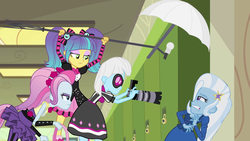 Size: 1280x720 | Tagged: safe, artist:themexicanpunisher, edit, screencap, photo finish, pixel pizazz, trixie, violet blurr, equestria girls, friendship games, g4, photo finished, camera, canterlot high, clothes, hallway, light umbrella, lockers, the snapshots