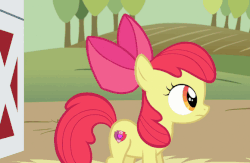 Size: 580x378 | Tagged: safe, screencap, apple bloom, g4, where the apple lies, animated, cutie mark, female, gif, jumping, solo, surprised, the cmc's cutie marks