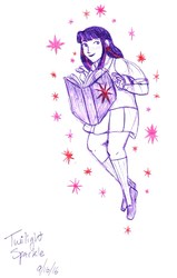 Size: 675x1060 | Tagged: safe, artist:brensey, twilight sparkle, human, g4, book, cutie mark background, female, humanized, pen sketch, solo