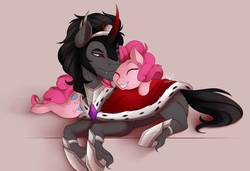 Size: 1280x878 | Tagged: safe, artist:evehly, king sombra, pinkie pie, earth pony, pony, unicorn, g4, armor, cape, clothes, colored horn, crack shipping, cuddling, curved horn, eyes closed, fangs, female, horn, jewelry, male, mare, regalia, shipping, snuggling, sombra horn, sombrapie, stallion, straight