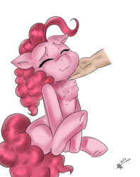 Size: 3400x4300 | Tagged: safe, artist:mrscurlystyles, pinkie pie, earth pony, human, pony, g4, :3, behaving like a cat, behaving like a dog, chest fluff, chin scratch, cute, diapinkes, eyes closed, female, hand, mare, petting, simple background, solo, underhoof, white background