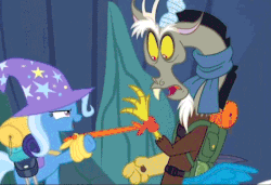 Size: 700x480 | Tagged: safe, artist:tiredbrony, edit, edited screencap, screencap, discord, trixie, changeling, pony, unicorn, g4, season 6, to where and back again, animated, cute, female, gif, i can't believe it's not superedit, magic trick, mare