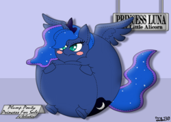 Size: 1400x1000 | Tagged: safe, artist:tails230, princess luna, alicorn, pony, g4, ball, balloona, blush sticker, blushing, cute, inanimate tf, inflation, no more ponies at source, plushie, pouting, round, solo, spherical inflation, stitches, transformation, unamused