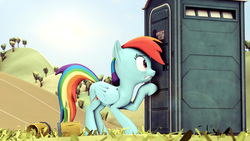 Size: 7680x4320 | Tagged: safe, artist:pointystarz, rainbow dash, g4, 3d, absurd resolution, cider mug, desperation, female, mug, need to pee, omorashi, port-a-potty, potty dance, potty emergency, potty time, solo, trotting in place