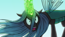 Size: 1920x1080 | Tagged: safe, artist:vistamage, queen chrysalis, changeling, changeling queen, g4, to where and back again, angry, female, glowing horn, horn, scene interpretation, solo