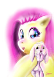 Size: 1024x1448 | Tagged: safe, artist:killerfishy, fluttershy, rabbit, g4, cute, female, holding, looking at you, open mouth, shyabetes, simple background, solo, talking to viewer, white background