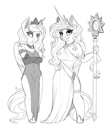 Size: 1539x1786 | Tagged: safe, artist:evehly, princess celestia, princess luna, alicorn, anthro, unguligrade anthro, g4, clothes, curvy, dress, evening gloves, fangs, female, gloves, grayscale, hourglass figure, monochrome, navel cutout, simple background, sketch, slit pupils, staff, wip