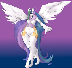 Size: 1419x1345 | Tagged: safe, artist:neekokarina, artist:nonuberis, princess celestia, changeling, anthro, unguligrade anthro, g4, barbie doll anatomy, both cutie marks, breasts, changelingified, corrupted, missing accessory, princess chryslestia, solo, species swap, transformation