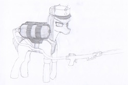 Size: 13033x8717 | Tagged: safe, artist:jeronimom, oc, oc only, oc:toasty pages, pony, unicorn, absurd resolution, clothes, female, flamethrower, mare, military, monochrome, uniform, weapon