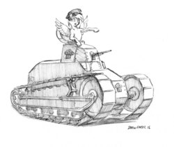 Size: 1500x1274 | Tagged: safe, artist:baron engel, derpy hooves, pegasus, pony, g4, female, mare, monochrome, pencil drawing, renault ft-17, sketch, solo, tank (vehicle), traditional art