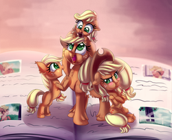 Size: 3000x2437 | Tagged: safe, artist:discorded, applejack, earth pony, pony, g4, where the apple lies, age difference, baby, baby pony, babyjack, cowboy hat, crossed hooves, cute, filly, filly applejack, foal, freckles, hat, high res, jackabetes, jackletree, jealous, multeity, open mouth, pacifier, photo album, self ponidox, sitting, stetson, teenage applejack, time paradox, younger