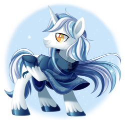 Size: 1024x988 | Tagged: safe, artist:centchi, oc, oc only, oc:glacial rift, pony, unicorn, simple background, snow, snowfall, solo, transparent background, unshorn fetlocks, watermark