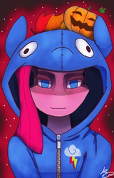 Size: 1600x2500 | Tagged: safe, artist:mopyr, pinkie pie, rainbow dash, g4, clothes, costume, food, halloween, hoodie, kigurumi, pinkamena diane pie