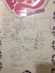 Size: 1536x2048 | Tagged: safe, artist:andypriceart, idw, rarity, g4, andy you magnificent bastard, bathrobe, clothes, coffee, coffee mug, die in a fire, fourth wall, hair curlers, levitation, magic, morning ponies, pencil drawing, robe, telekinesis, traditional art, unamused