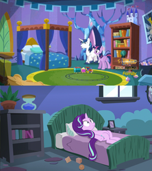 Size: 1089x1225 | Tagged: safe, screencap, shining armor, starlight glimmer, twilight sparkle, alicorn, pony, every little thing she does, g4, the one where pinkie pie knows, bed, bedroom, starlight's room, twilight sparkle (alicorn), twilight's castle