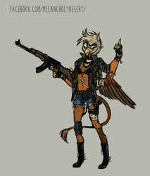 Size: 900x1054 | Tagged: safe, artist:lya, griffon, anthro, plantigrade anthro, ak-47, assault rifle, bra, clothes, female, fuck you, gun, jewelry, medal, necklace, post-apocalyptic, rifle, solo, underwear, weapon, wings